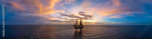 Aerial panoramic view of offshore jack up rig and offshore platform