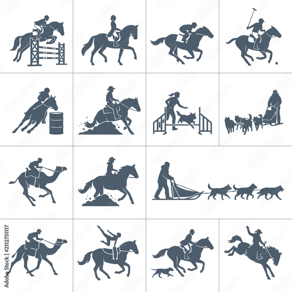 Fototapeta premium Collection of equestrian sports and animal riding silhouettes icon set