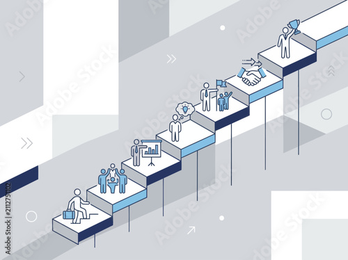 Business professionals climbing steps to achieve career growth and success