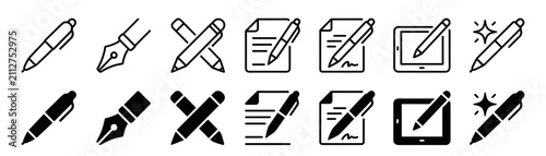 Pen icons showcase writing tools and document editing symbols for digital and manual task management.