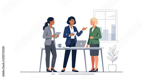 Three diverse businesswomen in professional attire engage in a productive meeting around a table in a modern office setting.