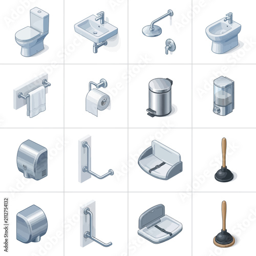 Isometric set of public restroom accessories and stainless steel hardware