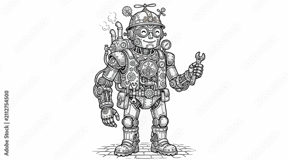 Fototapeta premium Detailed Steampunk Automaton Robot with Wrench, Black and White Coloring Page Vector Illustration, Intricate Gears and Mechanical Elements, Full Body View