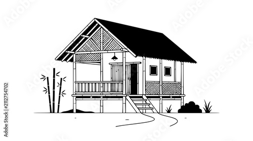 Bild auf Leinwand Hand-drawn illustration of a stilt bamboo hut with thatched roof and veranda