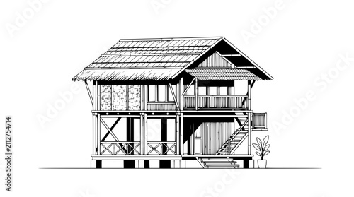 Bild auf Leinwand Traditional Tropical Hut Sketch - Bamboo Structure, Thatched Roof, Elevated Desi