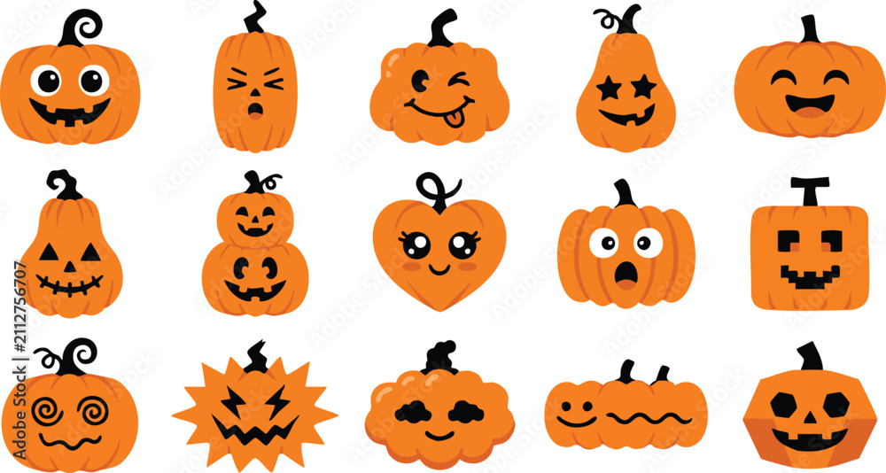 Obraz premium Halloween pumpkins with various cute and spooky faces for decoration