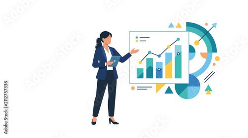 A professional woman in a suit stands next to a chart presenting data growth with bars and line graphs in a clean illustration.
