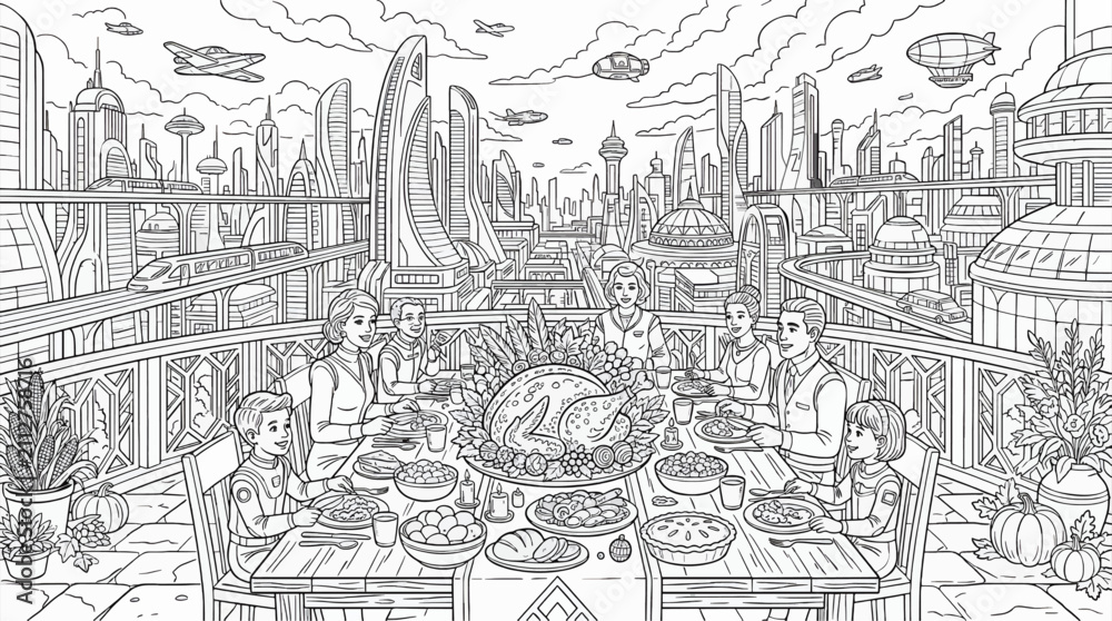 Obraz premium Black and White Coloring Page of a Thanksgiving Harvest Dinner with Family in a Futuristic City, Outline Vector Illustration for Kids and Adults