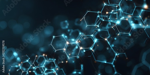Blue glowing molecular bonds form abstract hexagonal structures against a blurred dark background