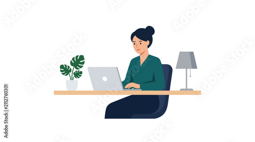 This vector illustration depicts a focused young woman working on her laptop at a clean, modern desk with a plant and a lamp.