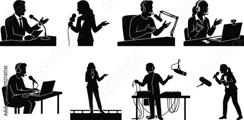 Bild auf Leinwand Podcast Broadcasting and Media Presenter Silhouette Collection with Radio Host I