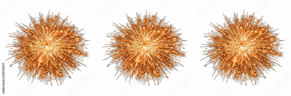 Fototapeta premium Golden Spiky Firework Bursts and Glowing Sparkballs Isolated on White Background, Explosive Particle Effect PNG Stock Graphic for Celebration, Action, and Sci-Fi Designs