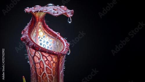 A red pitcher plant with dew drops, glowing softly against a black background.