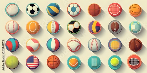 Colorful round sports equipment icons arranged in rows against a neutral background
