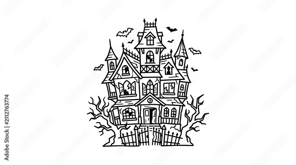 Fototapeta premium Professional Black and White Line Drawing of a Haunted Gothic Style House with Bats and Twisted Tree Branches for Halloween Decor