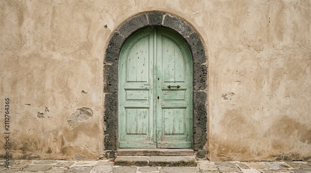 Fototapeta premium Vintage Green Door Set Against Light Stucco Wall in Pastoral Scene