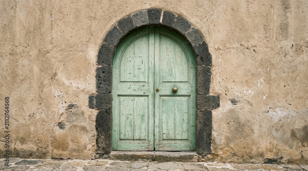 Fototapeta premium Vintage Green Door Set Against Light Stucco Wall in Pastoral Scene