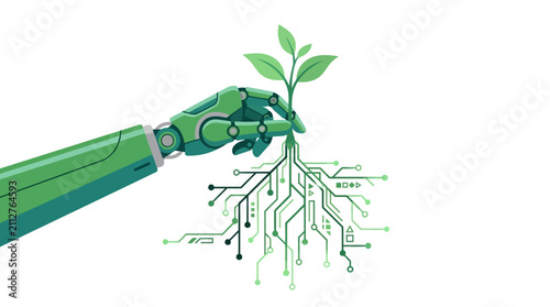 Green robotic hand nurturing small seedling with digital circuit roots for sustainable future flat vector illustration.