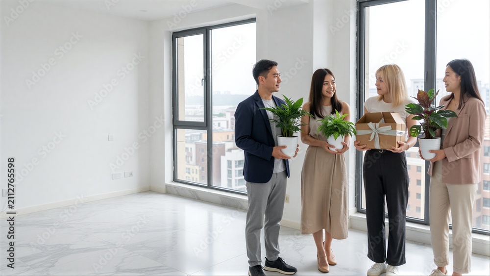 Fototapeta premium Four people in a bright, empty room holding plants and gifts near large windows.