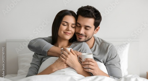 Romantic Couple Enjoying Morning Coffee Together in Cozy Bed