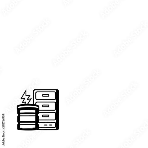 Technical line icon of a database and server rack with a lightning bolt for high speed data caching