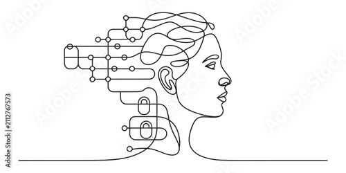 Continuous line art of a human head and digital technology network