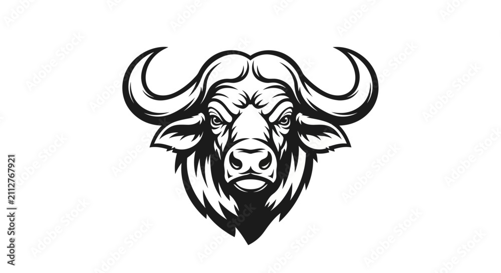 Fototapeta premium Powerful black and white illustration of a buffalo head with large horns, facing forward.