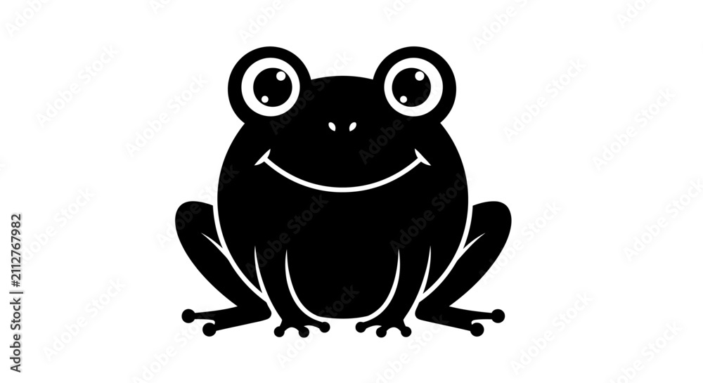 Obraz premium Simple black silhouette illustration of a happy cartoon frog with big eyes and a smiling mouth, sitting frontally.