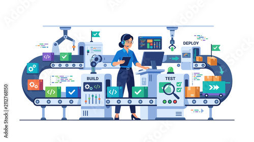 DevOps specialist managing automated software development pipeline with build and deploy stages flat vector illustration
