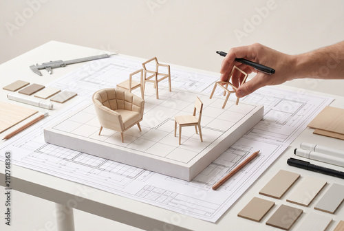 建築設計図と家具模型を用いたインテリアデザイン作業風景：素材選定とレイアウト検討