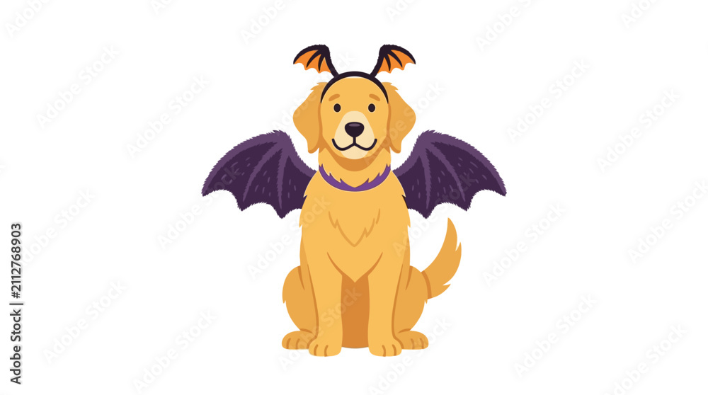 Obraz premium Cute golden retriever dog sitting wearing bat wings and headband for Halloween flat design vector illustration.
