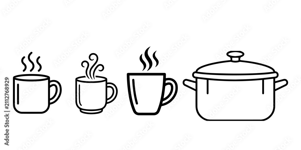 Obraz premium Set of simple black and white line art icons featuring hot coffee mugs and a cooking pot