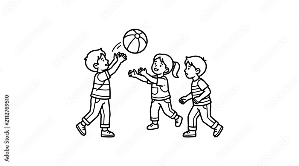 Fototapeta premium Clean Black and White of Three Kids Playing with a Beach Ball in Casual Sportswear with high quality professional line art symbols for modern creative design and digital branding projects