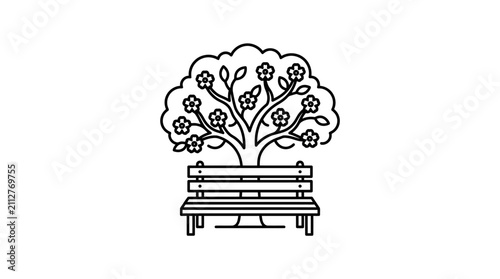 Elegant Black and White Line Drawing of a Flowering Tree Beside a Park Bench for Relaxation and Nature Themes