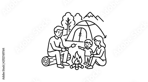 Sleek Black and White Line Drawing of Family Camping by a Cozy Fire with Tent and Log in Scenic Nature