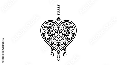 Creative Black and White Ornate Heart Shaped Decorative Wall Hanging with Floral Motifs and Dangling Teardrop Accents