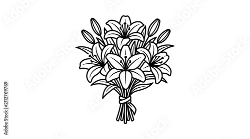 Industrial Style Black and White Line Drawing of a Bouquet of Lilies and Green Leaves Tied with Ribbon