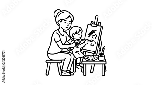 Creative Black and White of Woman Teaching a Child to Paint with Brushes and Easel with high quality professional line art symbols for modern creative design and digital branding projects