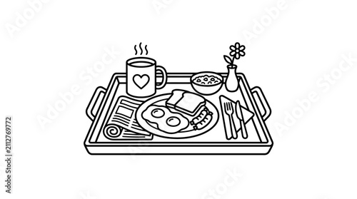Industrial Style Black and White Line Drawing Tray with Breakfast Items Coffee Mug and Flower Vase