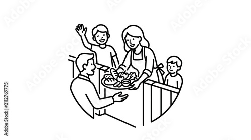 Minimalist Black and White Line Drawing of a Family Sharing a Meal Together at a Table with Warm Expressions