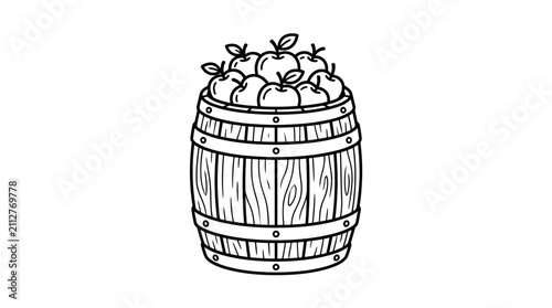 Industrial Style of a Wooden Barrel Filled with Apples Minimalist Line Art Design with high quality professional line art symbols for modern creative design and digital branding projects