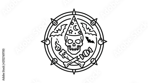 Minimalist Black and White Halloween Magic Witch Compass Symbol with Skull Bones Moon and Stars