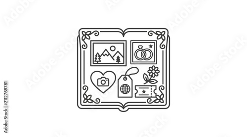 Modern Minimalist Black and White of Love Travel and Wedding Symbols Inside an Ornate Book Frame