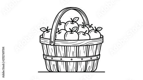 Modern Black and White of a Wooden Bucket Filled with Fresh Apples and Leaves with high quality professional line art symbols for modern creative design and digital branding projects