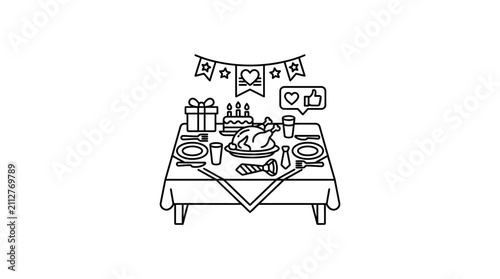 Dynamic Black and White of Festive Table Setting with Thanksgiving Themed Decor and Social Media Icons