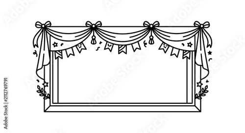 Dynamic Black and White Window Decoration with Festive Bunting Swags and Bow Accents for Party or Event Planning