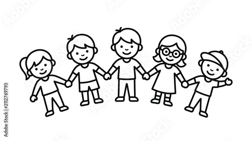 Minimalist Black and White Line Drawing of Five Children Holding Hands in a Circle with high quality professional line art symbols for modern creative design and digital branding projects