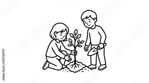 Elegant Black and White Line Drawing of Two Children Planting a Small Tree Together in a Garden