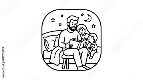 Minimalist Black and White of a Father Reading a Bedtime Story to Two Children in a Cozy Bedroom