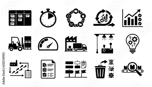 Lean manufacturing icons set, industrial process optimization symbols, 15 black vector signs for factory management and production efficiency